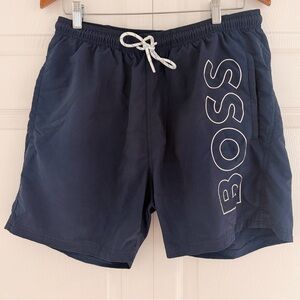 Hugo Boss Men’s Swim Trunks Size Large White Side Logo Navy Blue Board Shorts